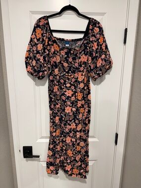 Old Navy Black Floral Midi Dress with Coral Accents